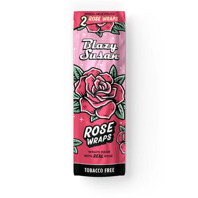 Greenhouse Girls Blazy Susan rose petal wraps in a pink resealable pouch, tobacco-free and slow-burning.