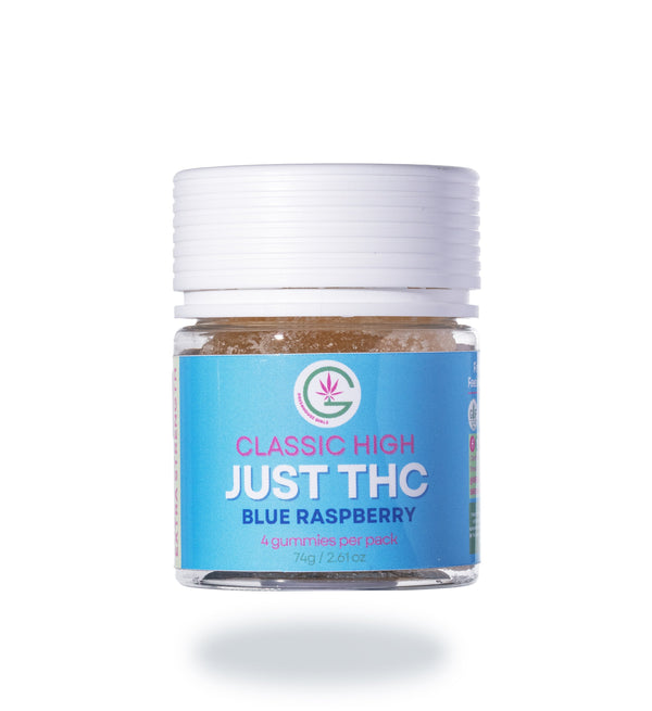 Greenhouse Girls 50mg Delta 9 blue raspberry gummy jar with white lid on a white background