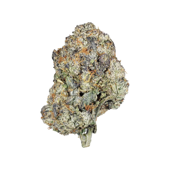 Greenhouse Girls Crystal Candy indica THCa flower bud with frosty trichomes and purple and green hues.