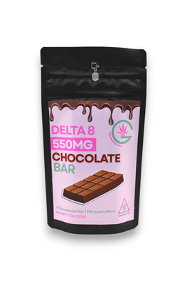 Greenhouse Girls Delta 8 THC milk chocolate bar in a black resealable pouch with pink branding and product details.