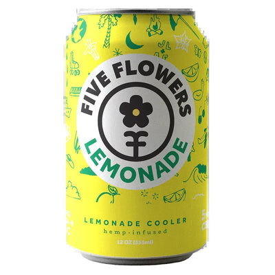 Greenhouse Girls Five Flowers Lemonade Cooler hemp-infused sparkling citrus cannabis drink in a yellow can