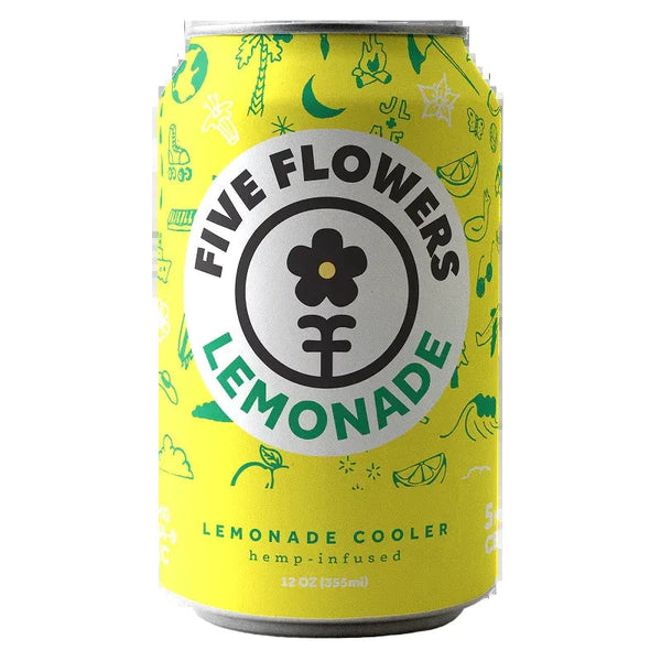 Greenhouse Girls Five Flowers Lemonade Cooler hemp-infused sparkling citrus cannabis drink in a yellow can