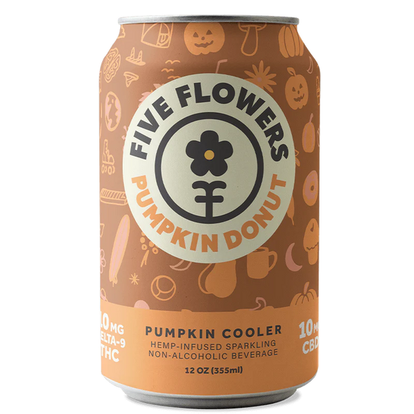 Greenhouse Girls Five Flowers Pumpkin Donut Cooler, a 12oz hemp-infused sparkling THC beverage with autumn motifs.