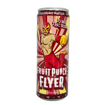 Greenhouse Girls Foundry Nation Fruit Punch Flyer 10mg THC soda can with a luchador illustration on a red background.