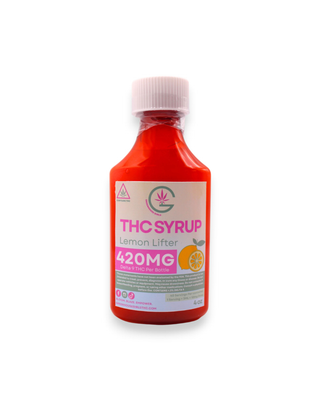 Greenhouse Girls 420mg Delta-9 THC Lemon Lifter syrup in a 4oz bottle with a white cap on a white background.