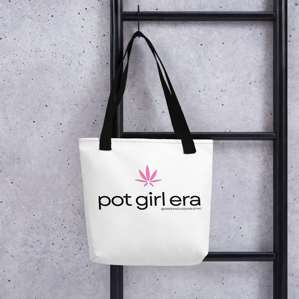 Greenhouse Girls Pot Girl tote bag in white polyester with black handles and a pink cannabis leaf graphic
