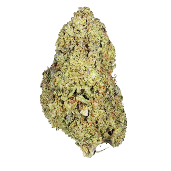 Greenhouse Girls Shadow Cake hybrid THCa flower bud with dense green foliage, frosty trichomes, and orange pistils.