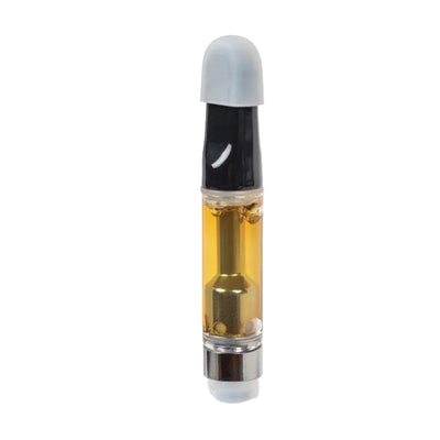 Greenhouse Girls THC cartridge with gold-colored extract and a white mouthpiece, compatible with 510-thread batteries.