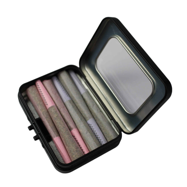 Greenhouse Girls THCa pre-roll variety pack in a black tin with six mini joints in pink, purple, and brown papers.