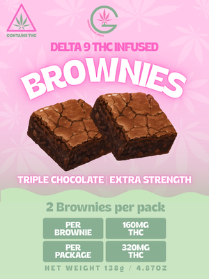 Greenhouse Girls triple chocolate Delta 9 THC brownies in a two-pack with 320mg total strength.