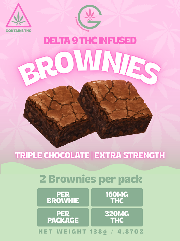 Greenhouse Girls triple chocolate Delta 9 THC brownies in a two-pack with 320mg total strength.