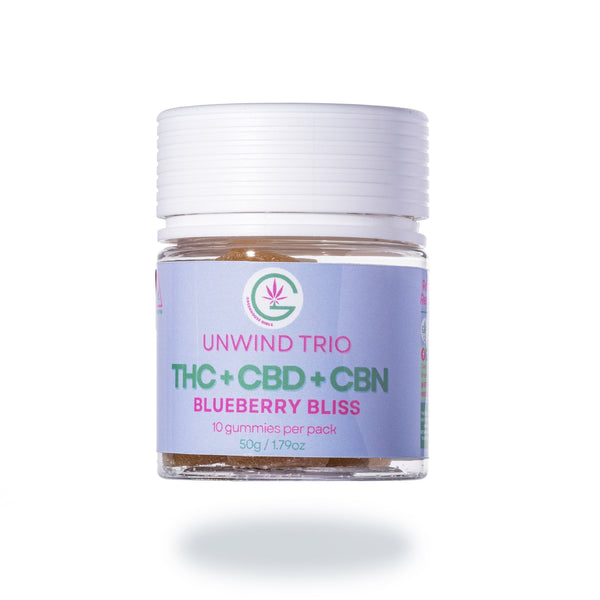 Greenhouse Girls Unwind Trio THC CBD CBN blueberry bliss gummy jar for evening relaxation and wellness