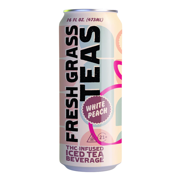 Greenhouse Girls Fresh Grass Teas white peach iced tea can with 10mg THC infusion, featuring a light peach-colored design.