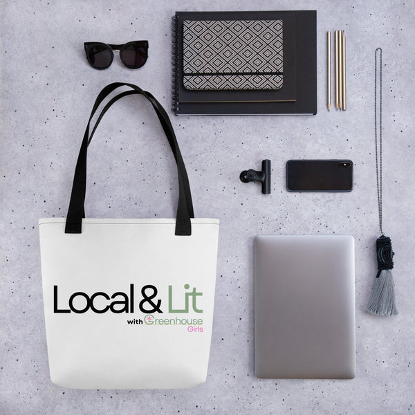 Greenhouse Girls white polyester tote bag with black handles and Local and Lit branding on a grey textured surface.