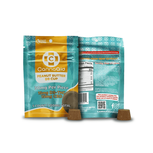 Cannaaid Peanut Butter D9 Cup packaging with two cups on a white background