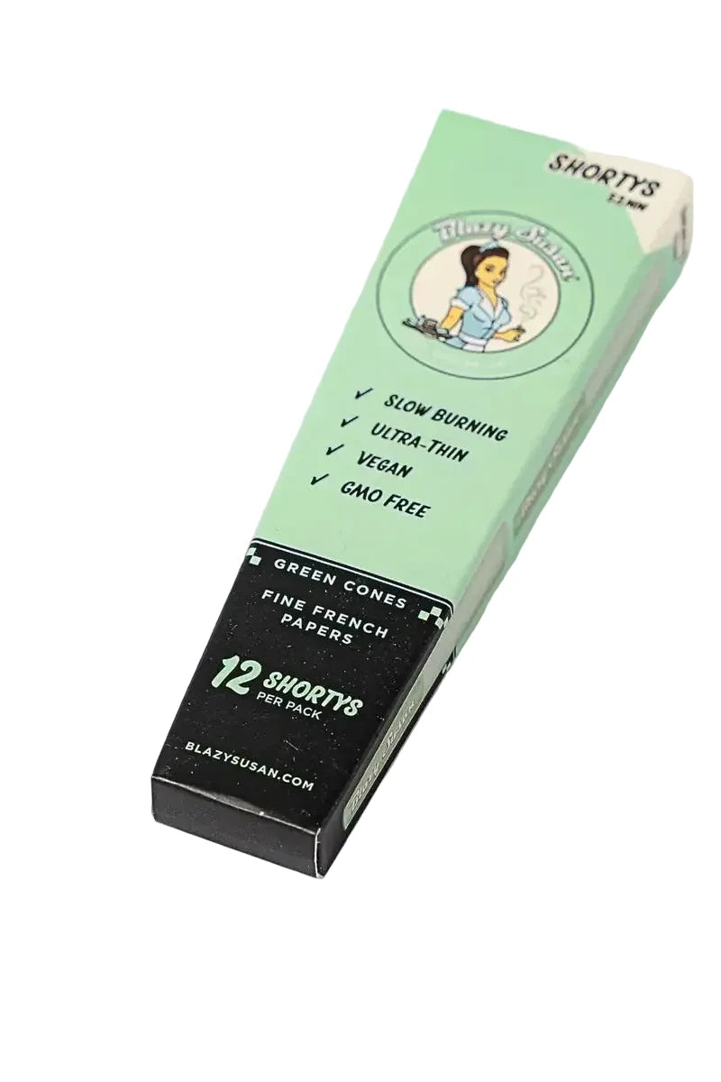 Green and black packaging of Shorty's green cones on a white background