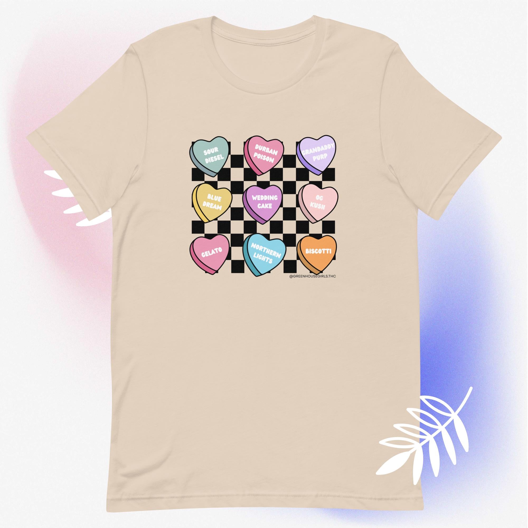 Cannabis strain candy hearts t-shirt — retro checkerboard tee with strain names like Sour Diesel, Gelato and OG Kush